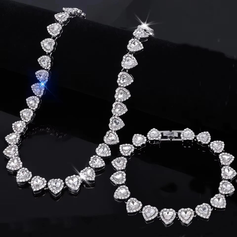 Heart Rhinestone Tennis Jewelry Set